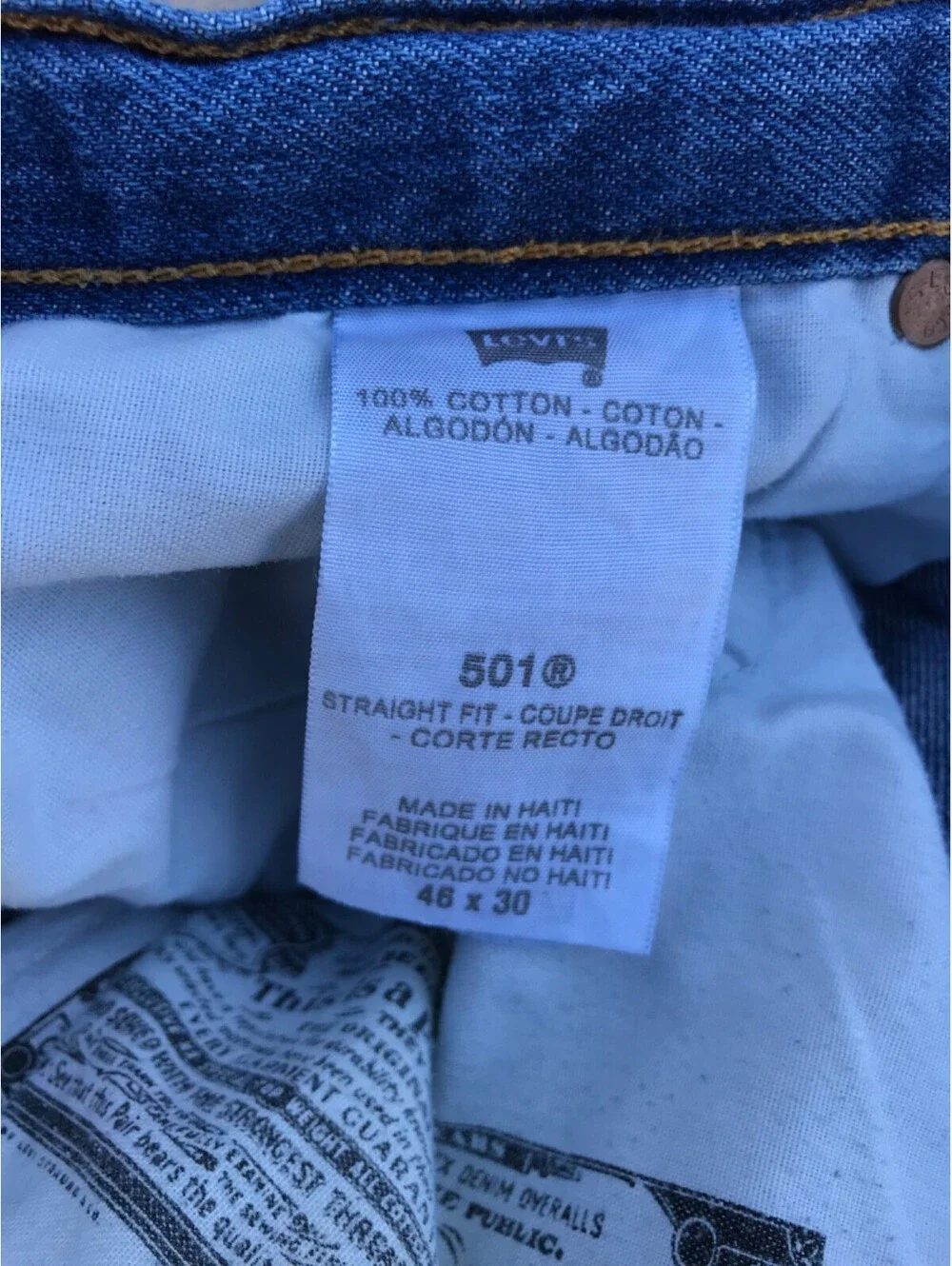Levi Strauss 501 Jeans  46x30 Button Fly Dark Blue Denim Straight Leg Lite Fade